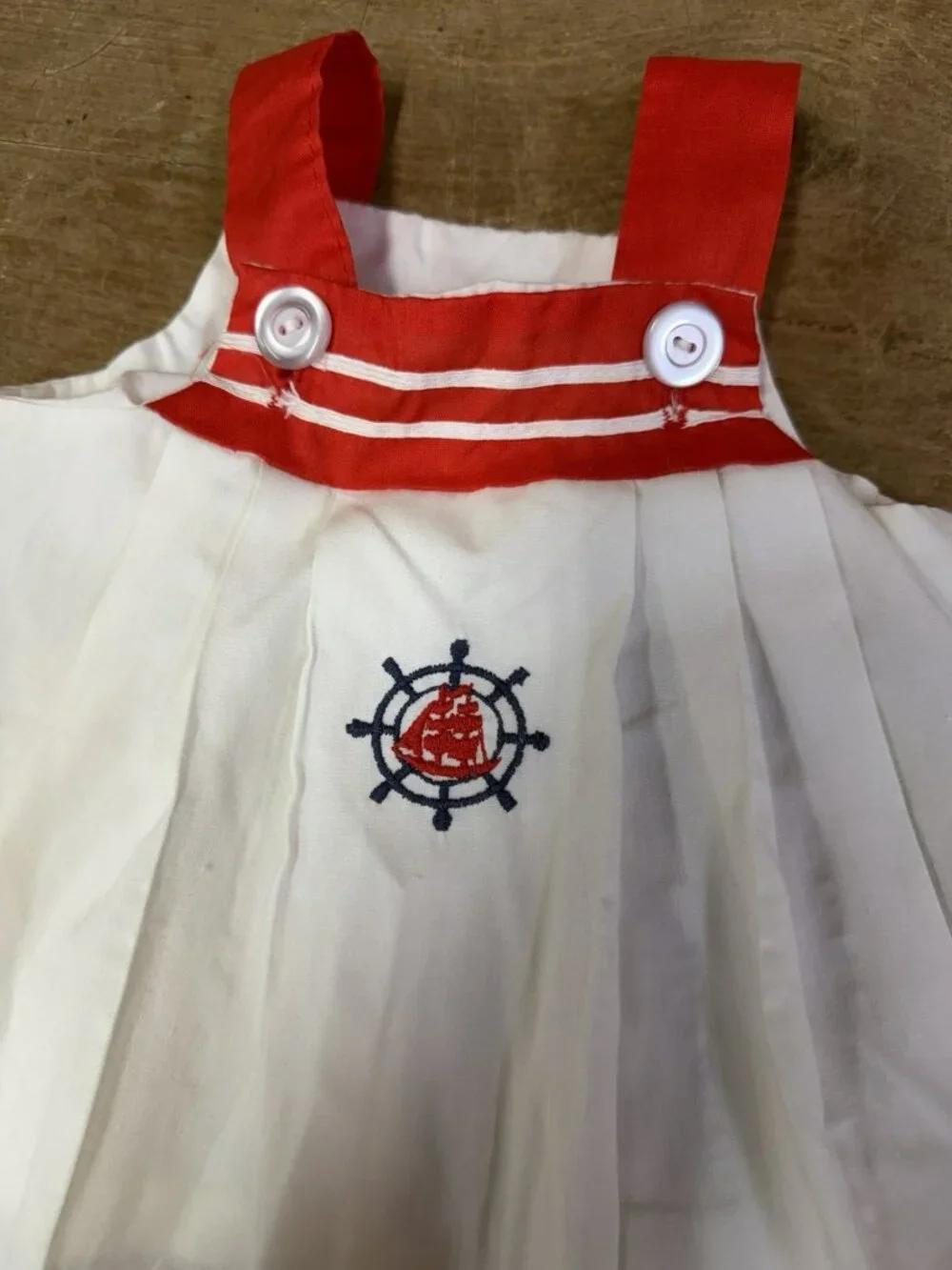 Vintage 1950s Nautical Baby Toddler 18 MO Overalls Dress Ship Red White Blue